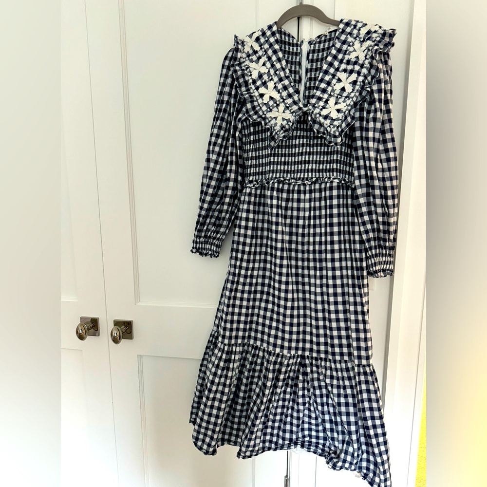 Sea navy plaid midi dress. With embroidered collar detail. Size small.